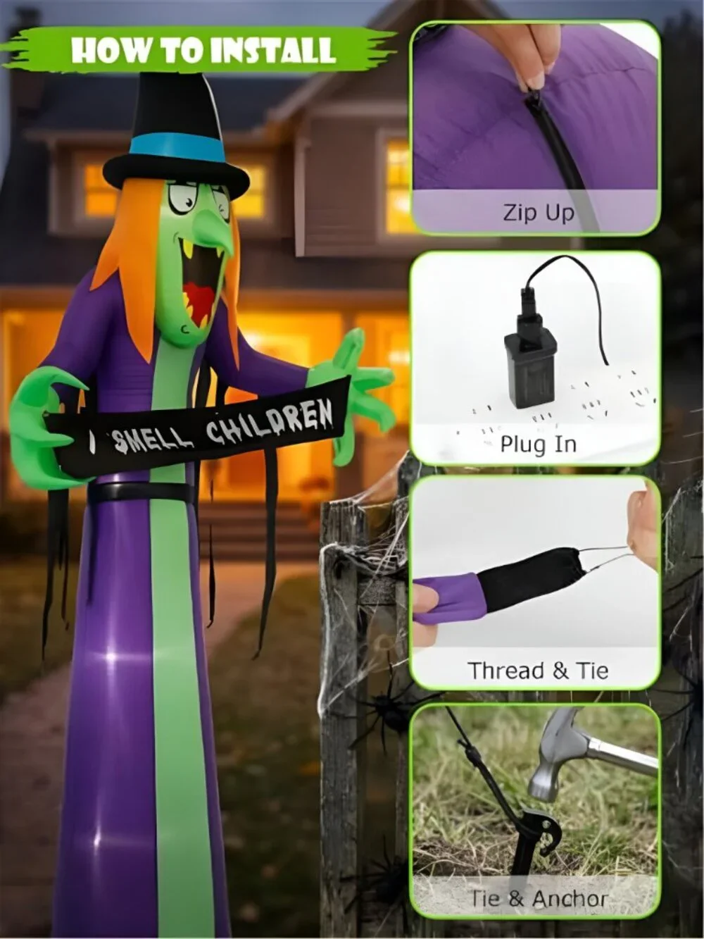 8FT Halloween Inflatable Witch Yard Decor, LED Blow Up Outdoor